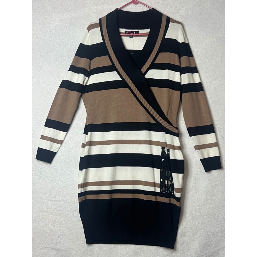 NYC Striped Sweater Dress Womens 1X Black Tan White Faux Wrap Lace Up Detail